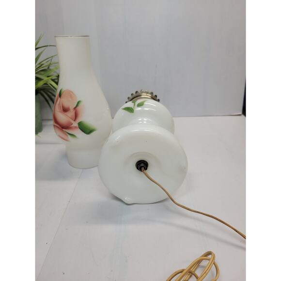 Vintage Hurricane Vanity Lamp, Hand Painted Rose Milk Glass, Boudoir Light - Picture 5 of 5